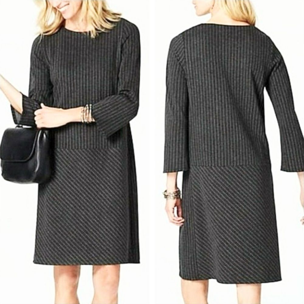 J. Jill Ponte Drop Waist Dark Gray White Pinstripe Stretch Dress